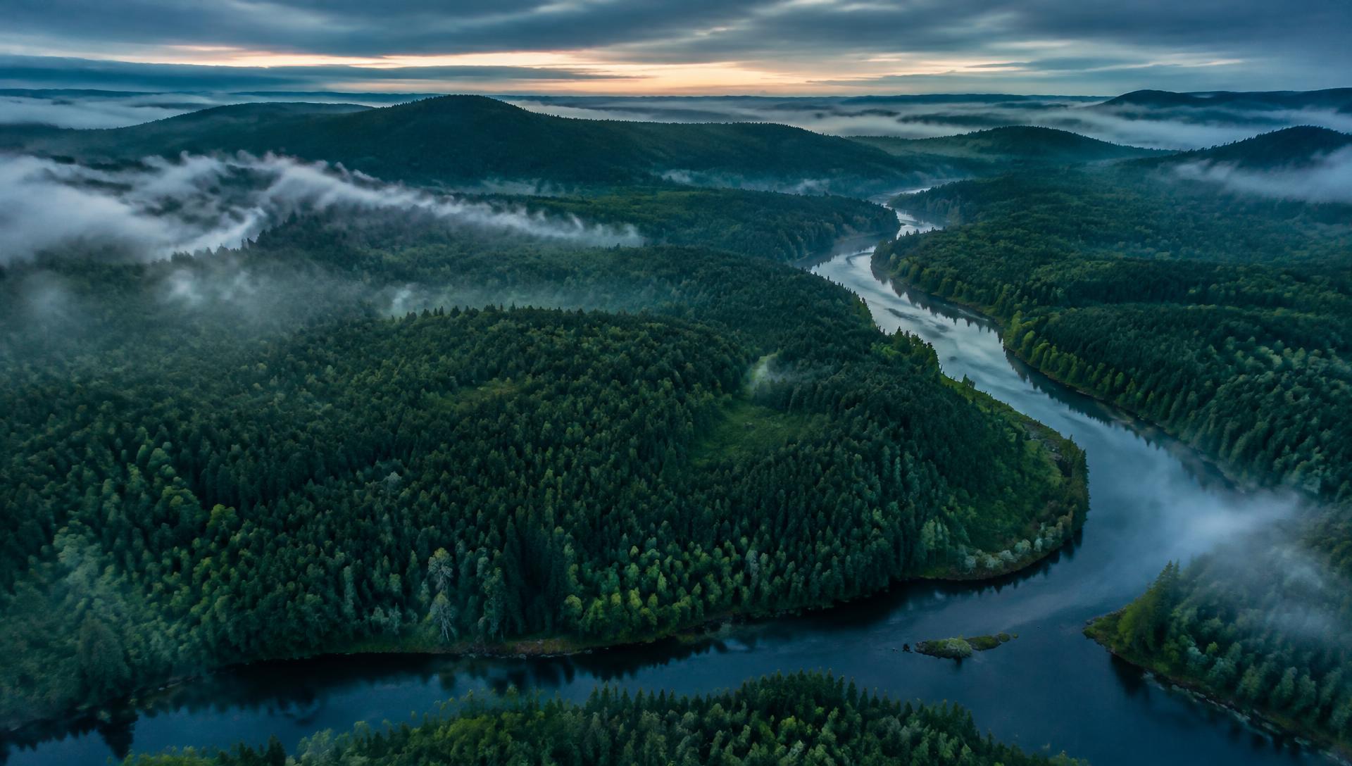 Aerial view of forested terrain and river in New Brunswick
